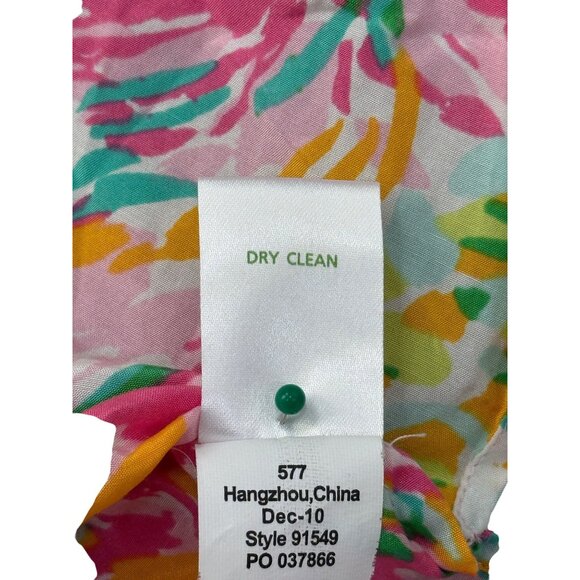 Lilly Pulitzer Silk Blouse Floral Ruffle Neck Short Sleeve Green Pink Top Size L - Picture 8 of 8